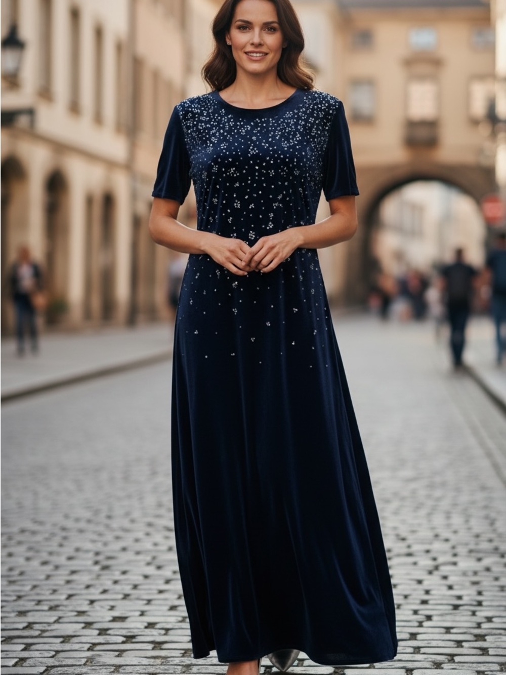 Byer California Navy Velvet Maxi Dress with Beaded Detail